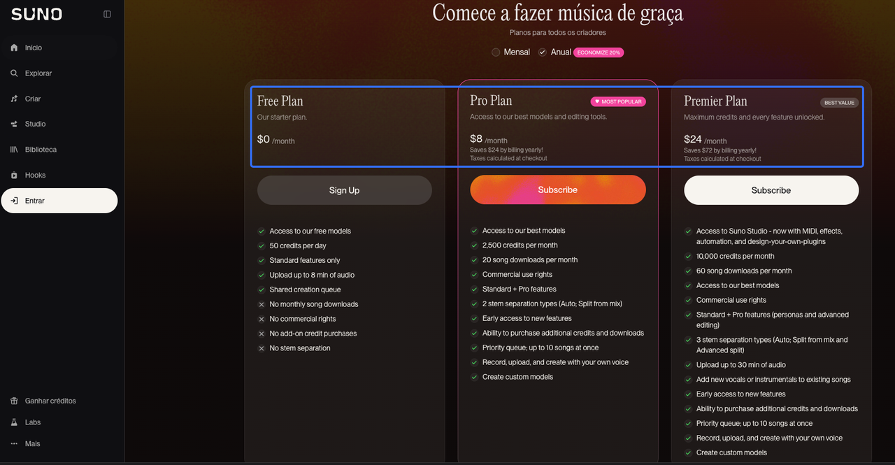 Comparativo dos planos Suno e uso comercial, destacando as opções Free, Pro e Premier.