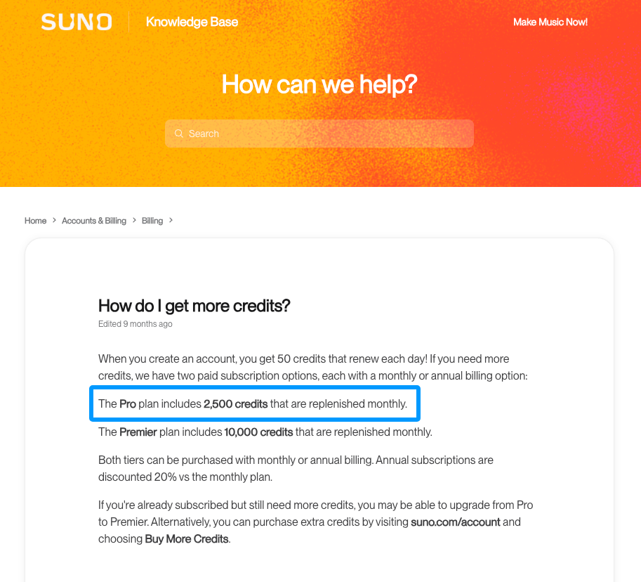 Suno公式ヘルプ画面。プロプランで毎月2,500クレジットが付与されることが強調されています。Suno v5.5 料金 商用利用を行うクリエイターにとって、月々の制作可能曲数とコストパフォーマンスを把握するための重要なクレジット情報の解説画像です。