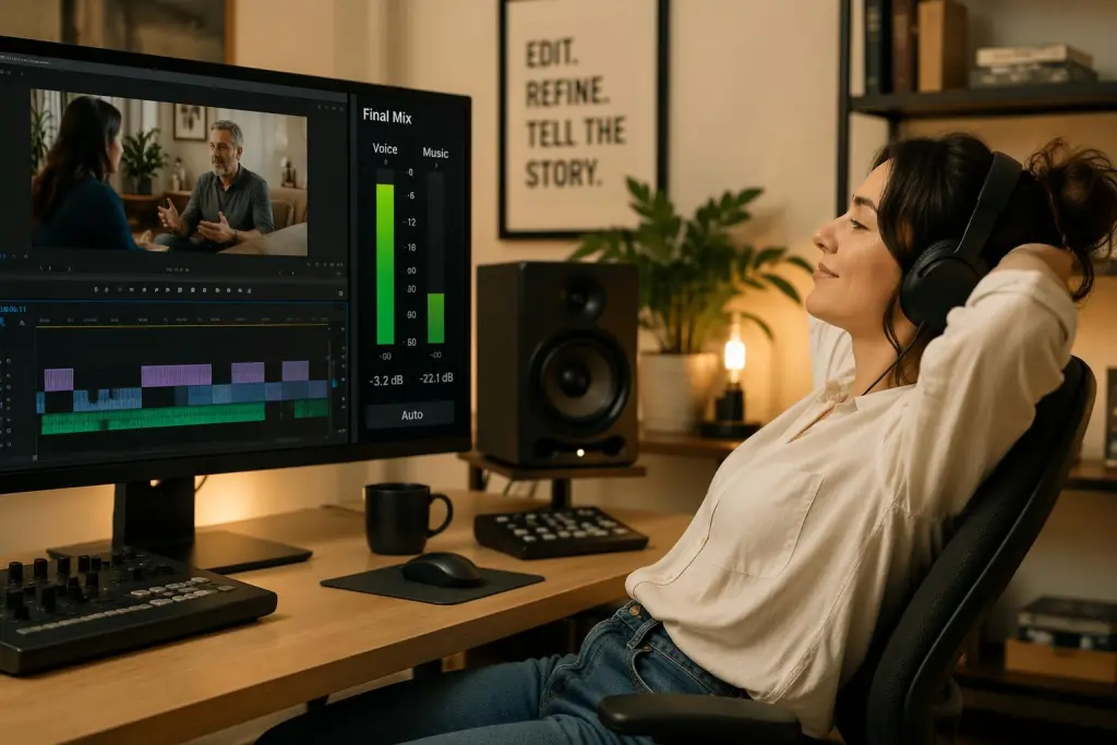 A relaxed video editor listening to the final voice mix and background music for interview footage.