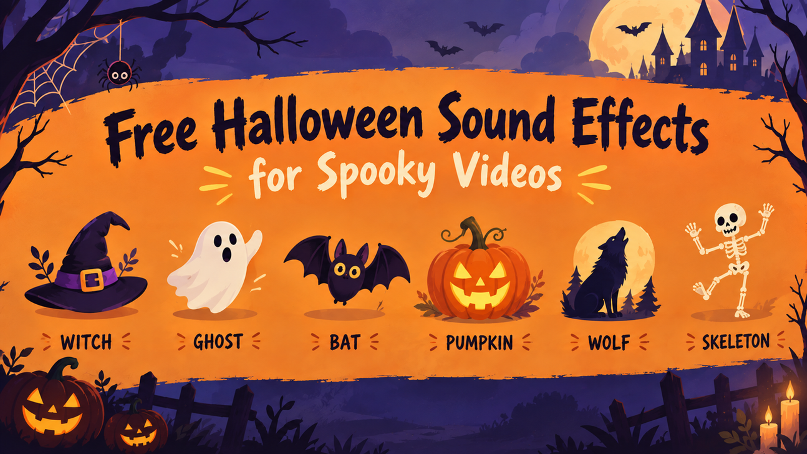 Banner listing free halloween sound effects with witch, ghost, bat, pumpkin, wolf, and skeleton.