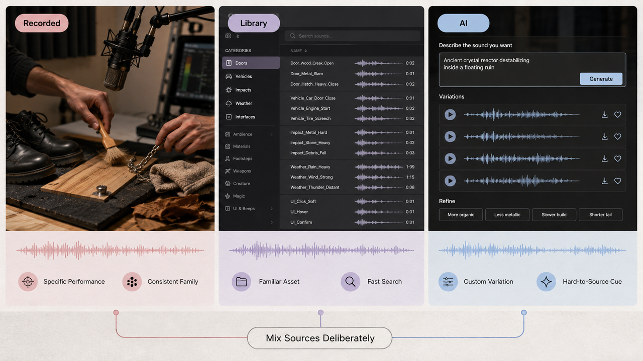 A graphic showing how to mix foley, libraries, and AI to deliberately source the best sound effects for games.