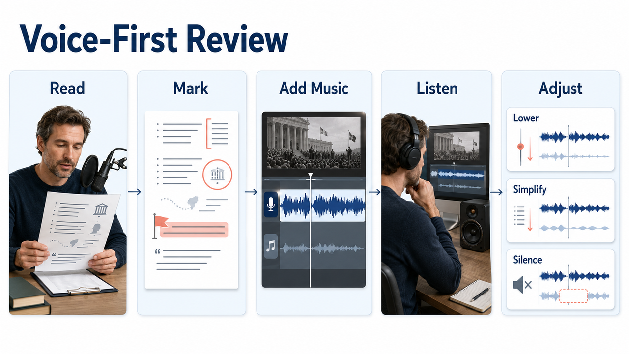 A step-by-step voice-first review guide to help editors add good music for history videos and adjust audio levels.