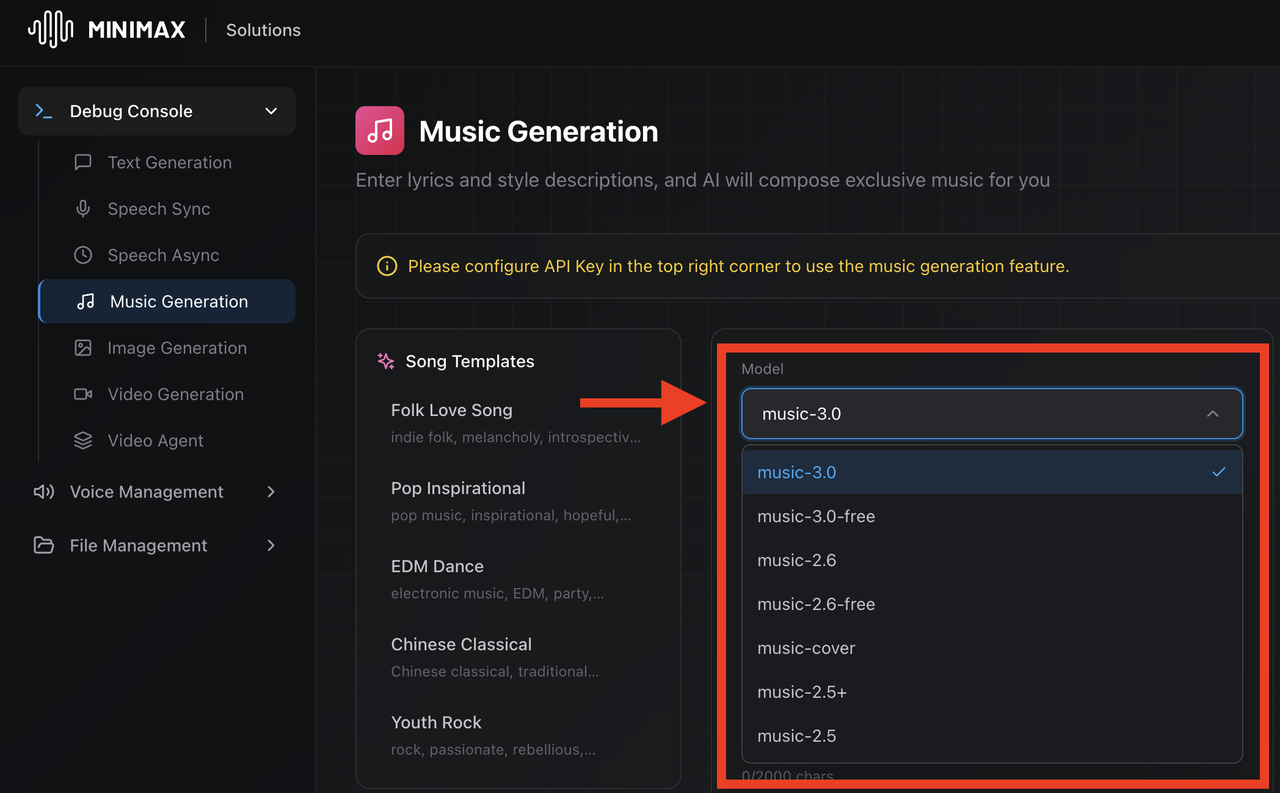 MiniMax Debug Console dark-mode interface highlighting the Music Generation section, with a red arrow pointing to the Model dropdown menu selecting "music-3.0" alongside options like music-3.0-free, music-2.6, and music-2.5.