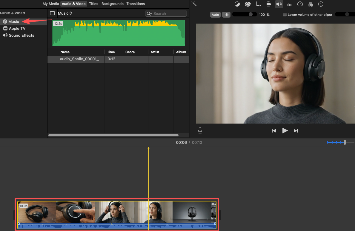 Software interface illustrating how to add music to my video, highlighting the music library and timeline track.
