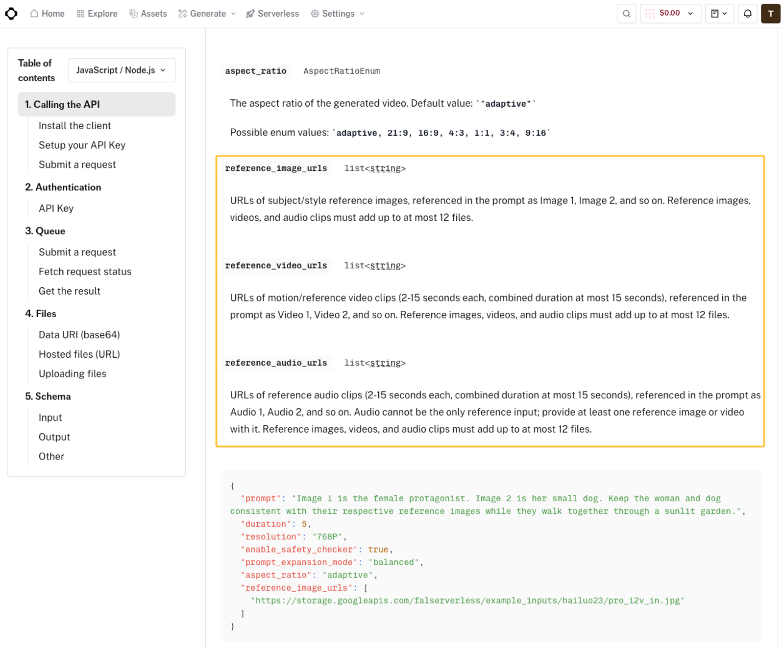 API documentation showing JSON code parameters for integrating reference audio and H3 Max native audio features.
