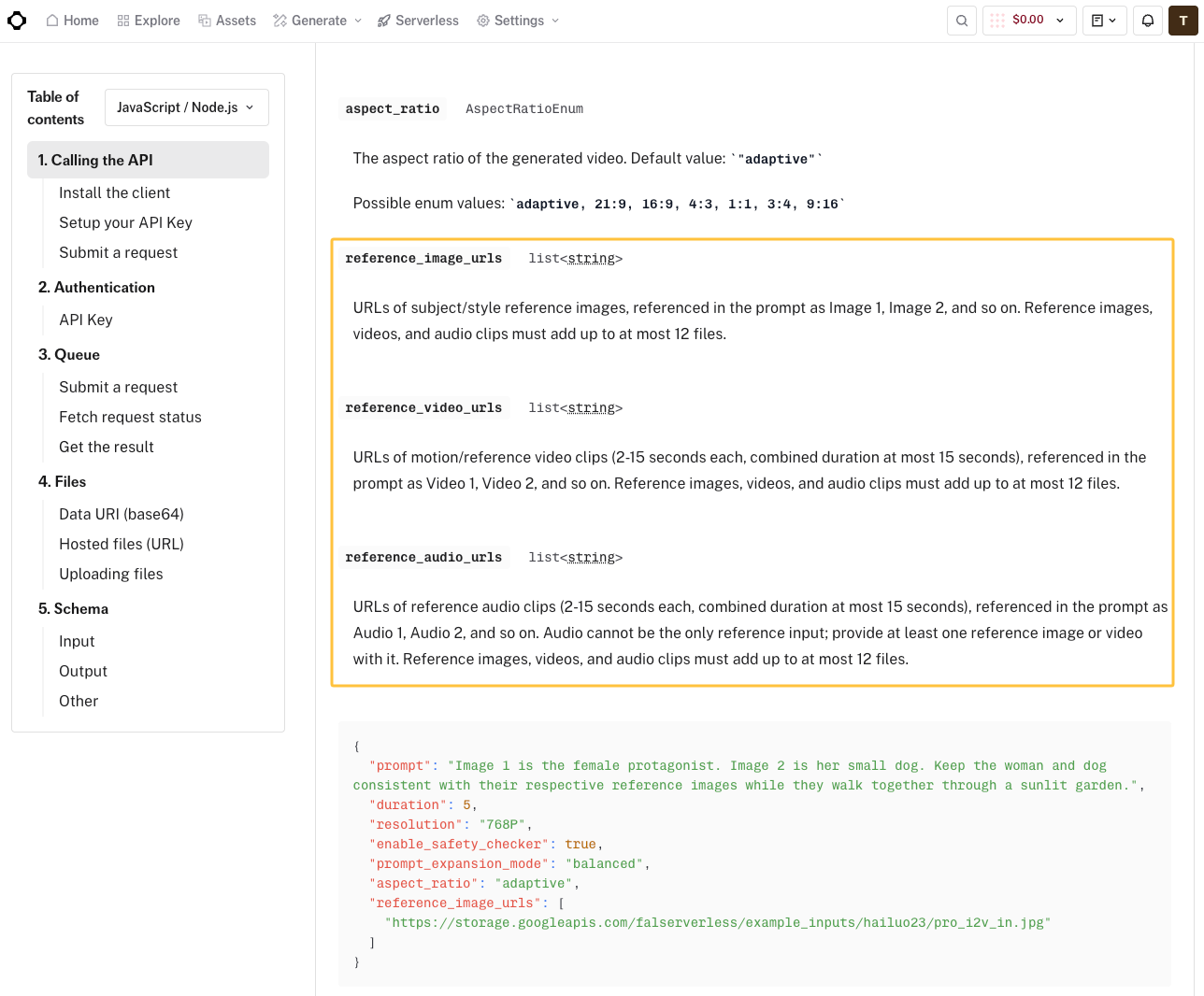 API documentation showing JSON code parameters for integrating reference audio and H3 Max native audio features.