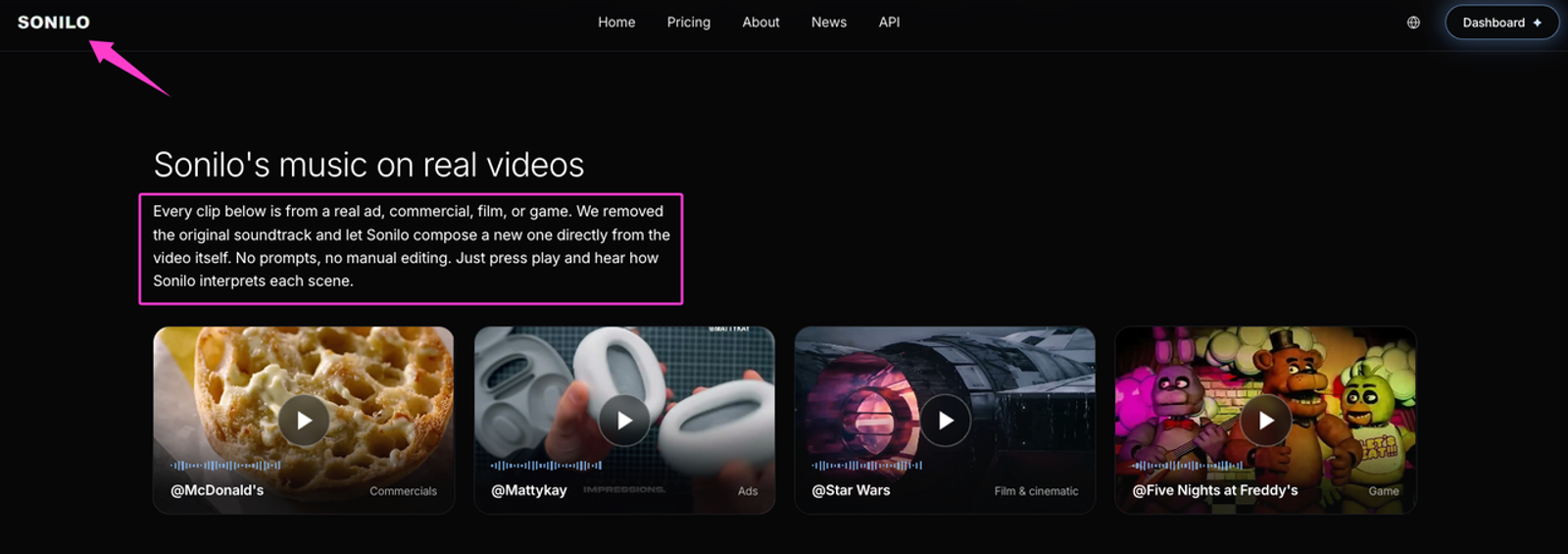 The Sonilo dashboard demonstrating their video soundtrack generator applied to real commercials, films, and video game clips.