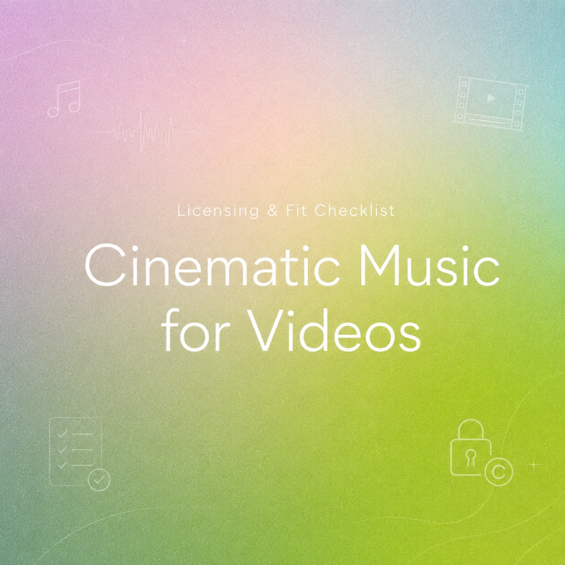 Infographic checklist titled Cinematic Music for Videos, featuring licensing icons on a colorful blurred background.