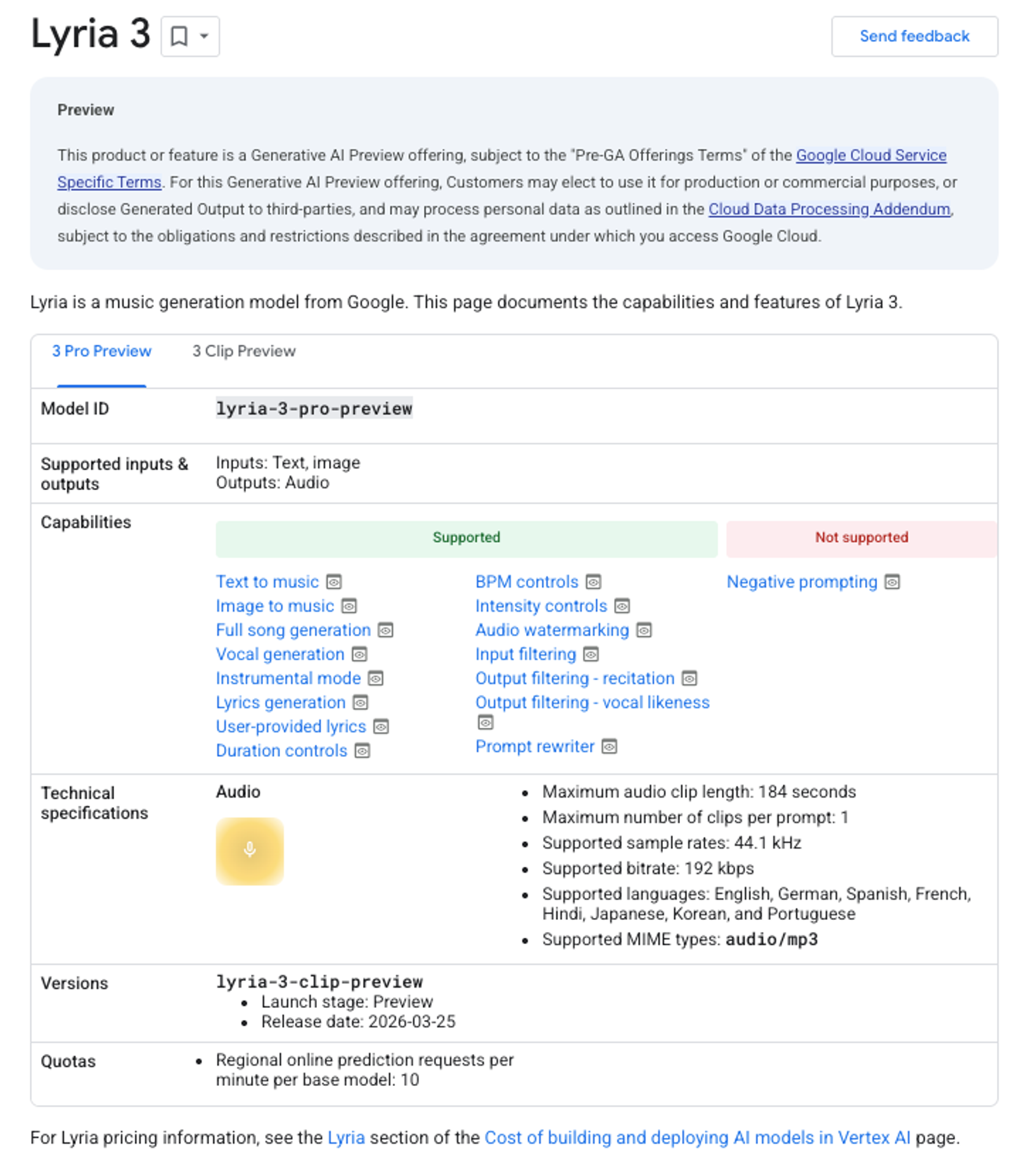 Technical specs document for Google models used in our detailed lyria 3 pro vs suno feature analysis.