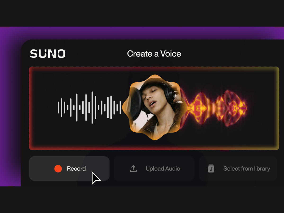 高音質になった「Suno v5.5」のVoices機能で、自分の声を登録する初期画面のキャプチャ画像です。「Record」や「Upload Audio」ボタンを使い、オリジナルボーカルの元となる音声データを直接入力・登録する操作手順を示しています。