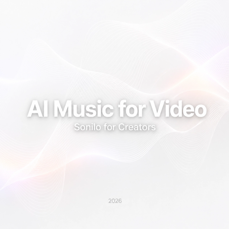 Sonilo introduces its AI music generation tool for video creators on a modern, colorful abstract background slide for 2026.