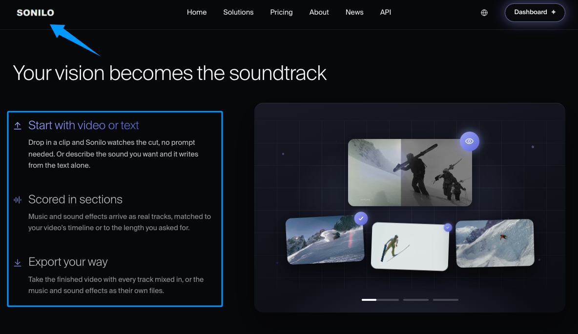 Sonilo website homepage demonstrating AI soundtrack generation to complement tools like the WolfCut music and video editor.