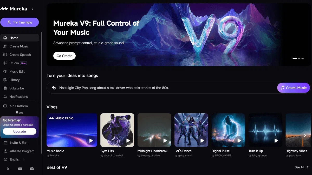 「Full Control of Your Music」と掲げられたMurekaのホーム画面です。これと同等以上の音楽コントロールや細やかなプロンプト制御機能を提供するプラットフォームが、動画制作における理想的なMureka V9 代替として求められます。