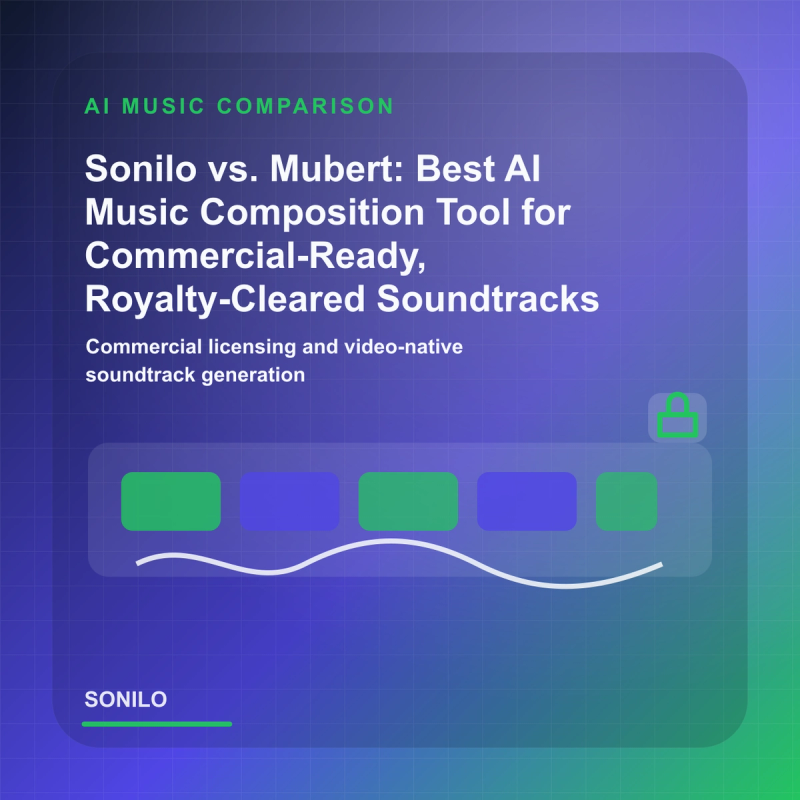 Sonilo and Mubert AI music comparison cover with video timeline, waveform, and licensing lock