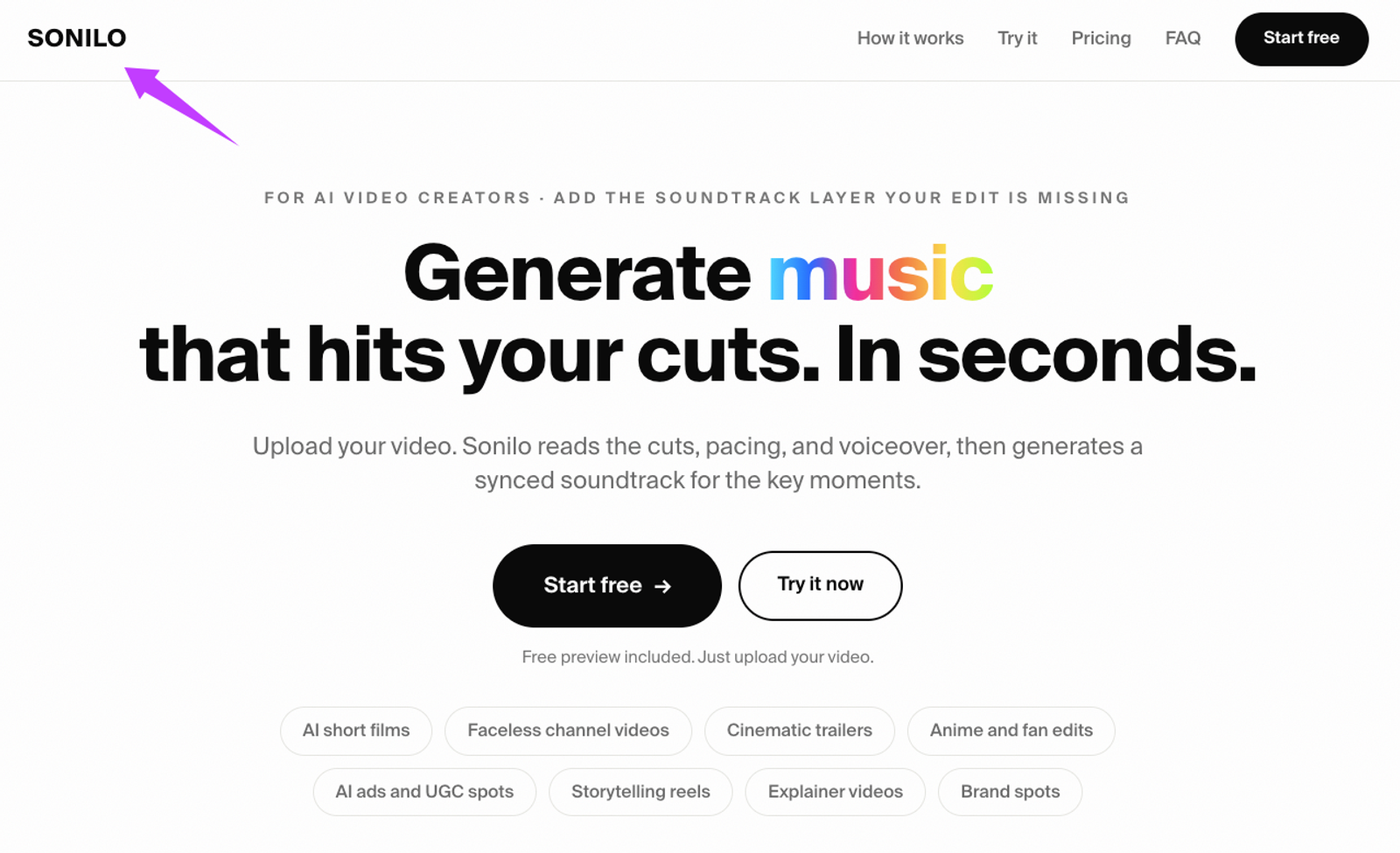 Sonilo homepage interface featuring the headline "Generate music that hits your cuts." for cinematic stock music creation.
