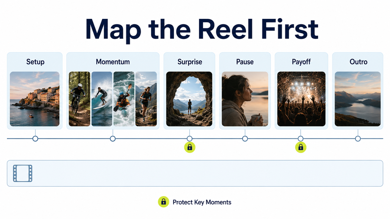 Map your reel first from setup to payoff to properly sync your highlight video music with key visual moments.