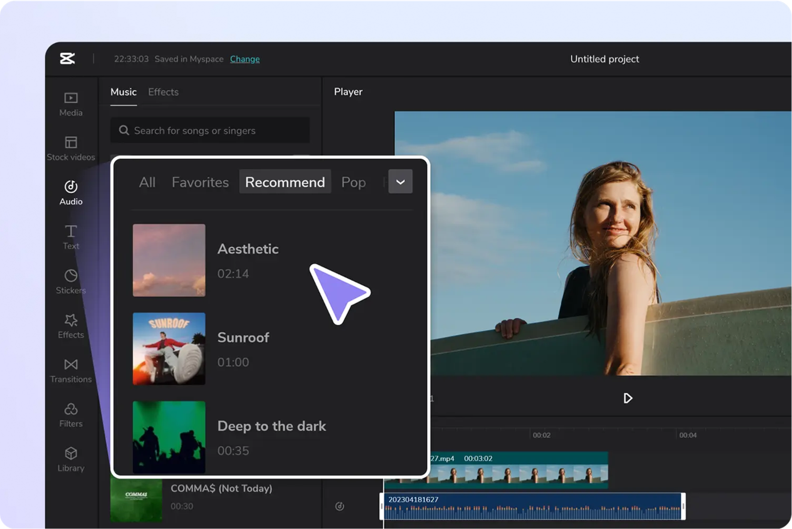 CapCut editing interface showing how to add music from the library by hovering over the 'Aesthetic' track option.