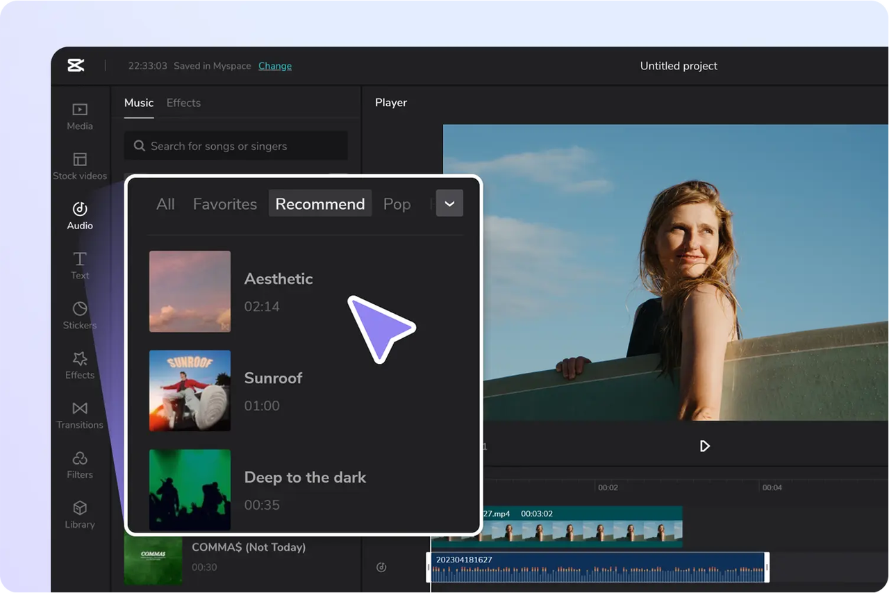 CapCut editing interface showing how to add music from the library by hovering over the 'Aesthetic' track option.