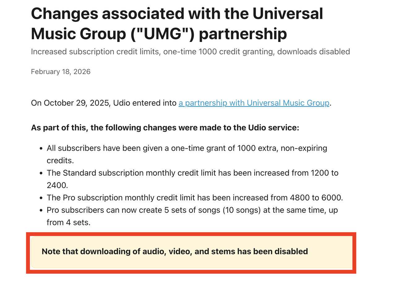 Official announcement document detailing changes following Udio's Universal Music Group partnership, highlighting updated credit limits and an orange callout box stating that downloading audio, video, and stems has been disabled.