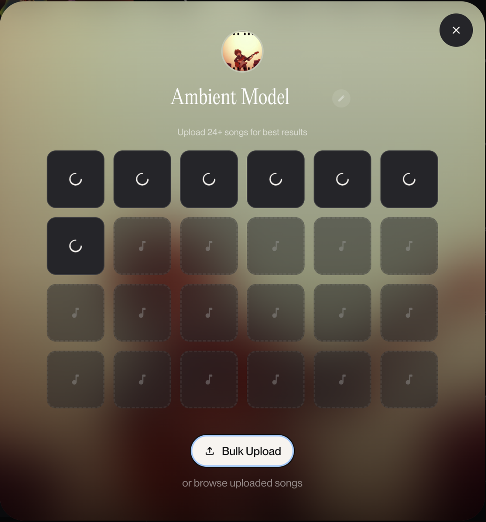 Suno v5.5の「Ambient Model」作成画面。動画クリエイターが複数の楽曲を一括アップロード（Bulk Upload）して、独自のAIモデルを構築するためのインターフェース。