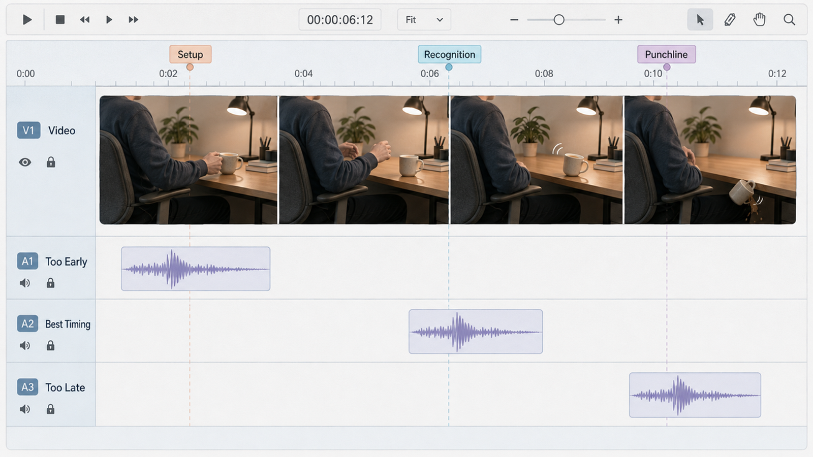 Video editing timeline showing the setup, recognition, and punchline timing of funny sound effects for videos.