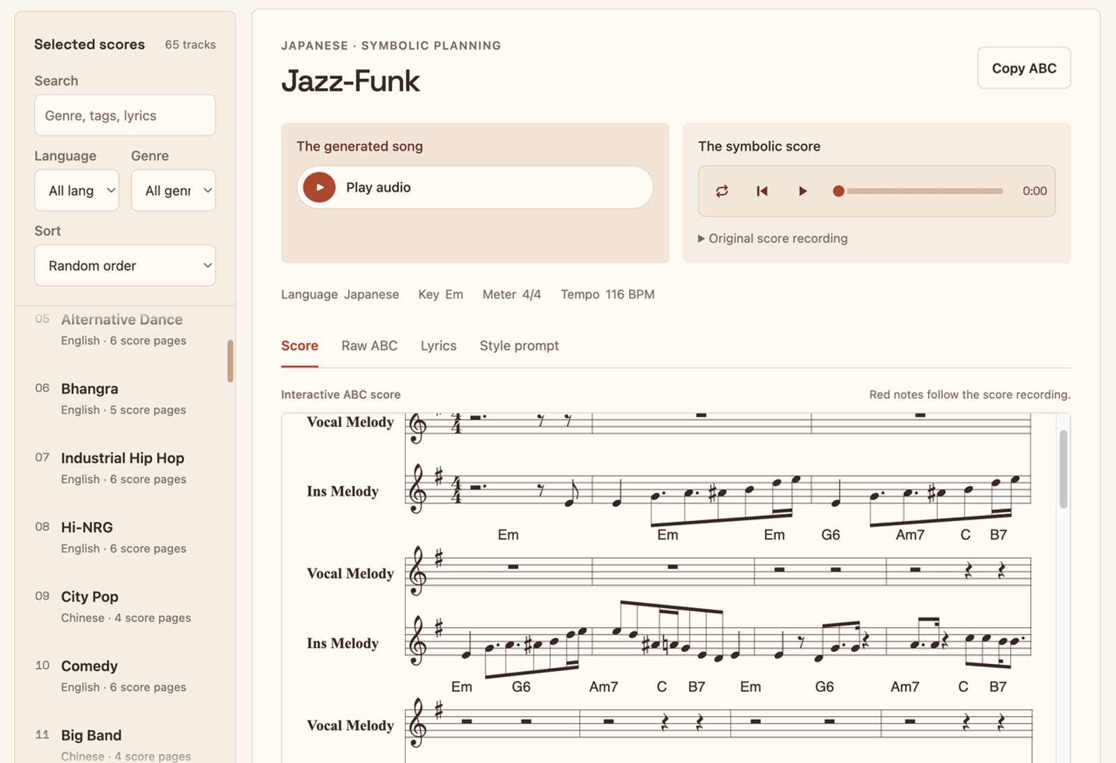 Interactive ABC score and symbolic planning interface, demonstrating yue2 for video music production.