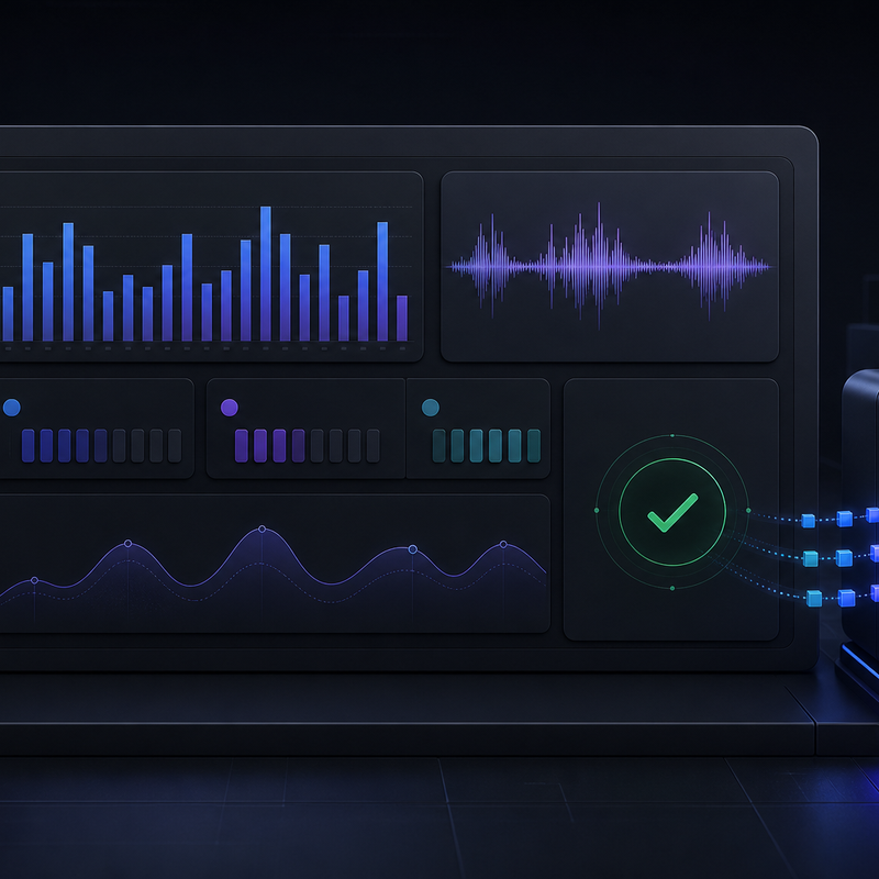 A dark server-side usage dashboard displays daily request bars, billed audio duration, cost totals, and a green reconciliation check beside an API gateway.