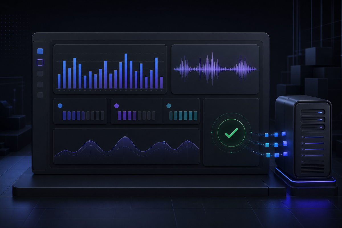 A dark server-side usage dashboard displays daily request bars, billed audio duration, cost totals, and a green reconciliation check beside an API gateway.