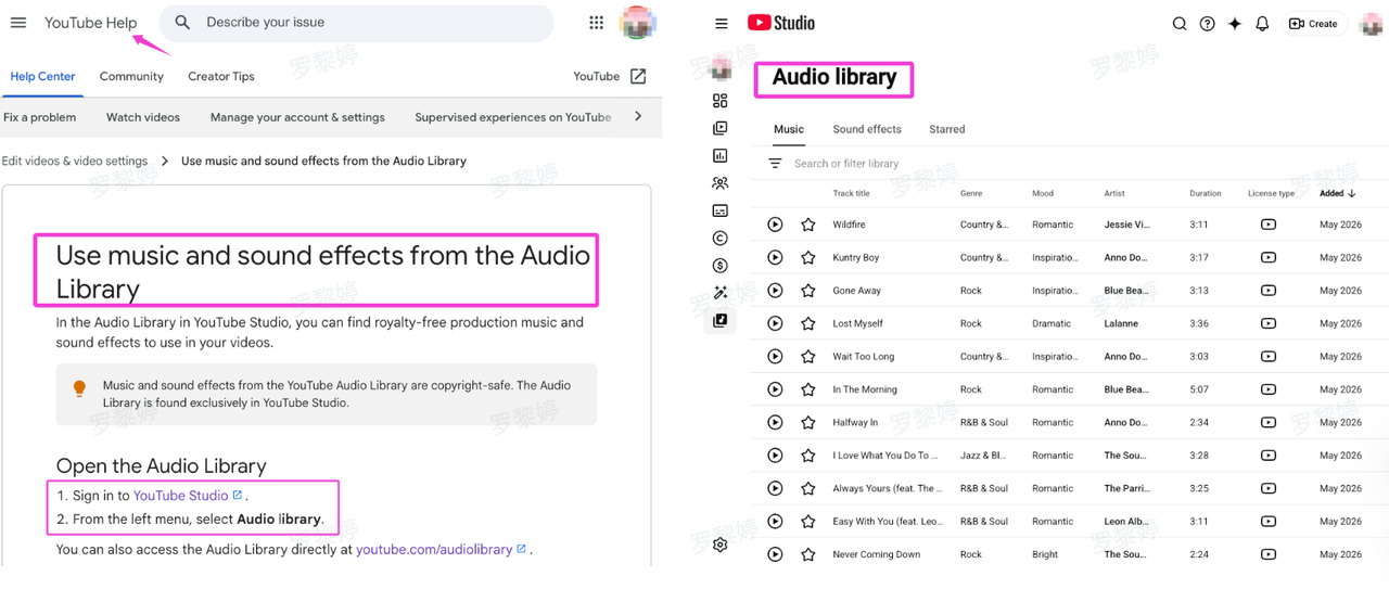 A YouTube Studio Audio Library interface showing royalty-free tracks, an alternative to a custom video soundtrack generator.