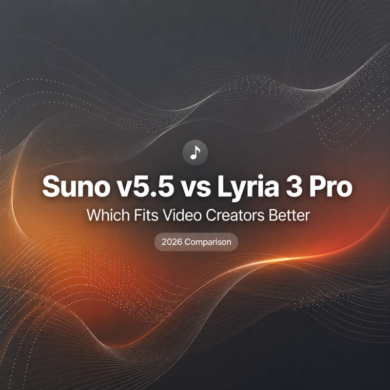 Suno v5.5 vs Lyria 3 Pro comparison title card determining which fits video creators better in 2026.