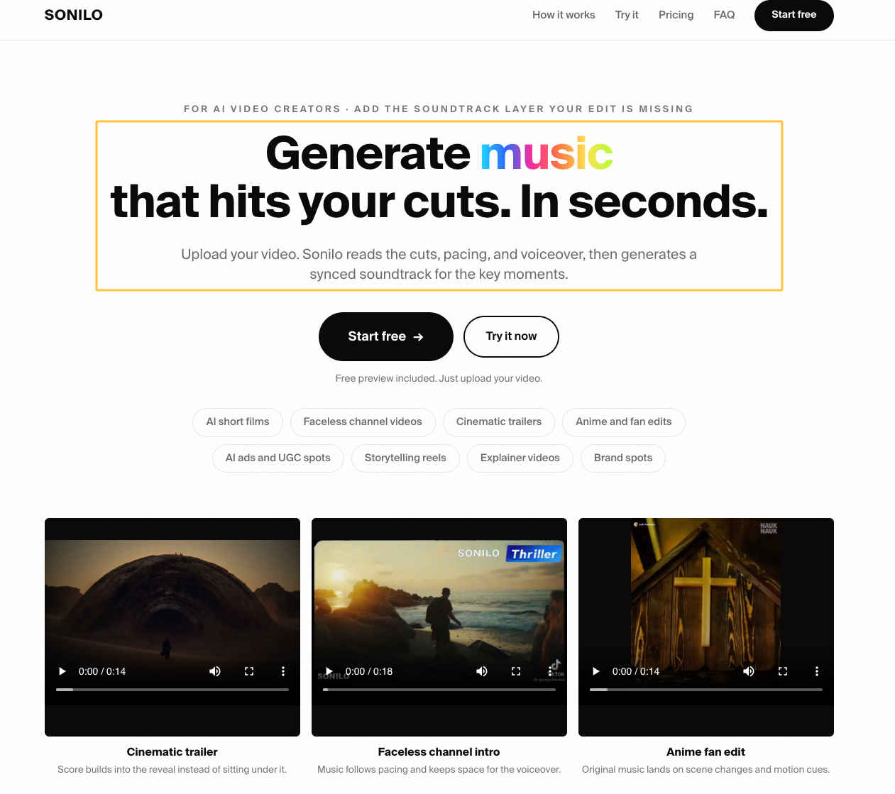 Sonilo homepage showing separate soundtrack creation tools as an alternative to using H3 Max native audio.