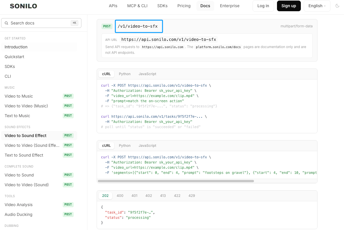 Explore Sonilo API documentation to programmatically generate the best intro drop in sound effects for video projects.