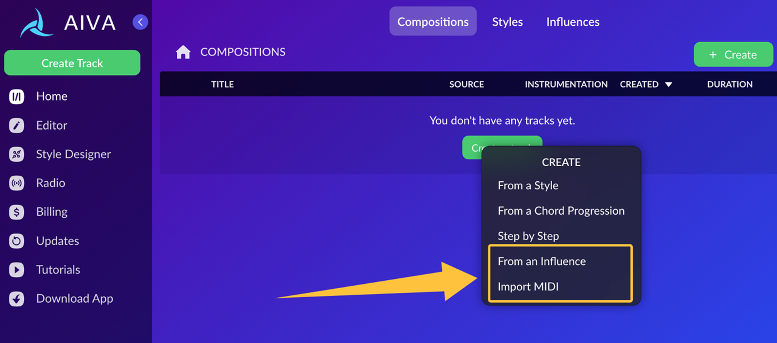Start composing with the AIVA AI music generator by choosing to create from a style, chord progression, or MIDI file.