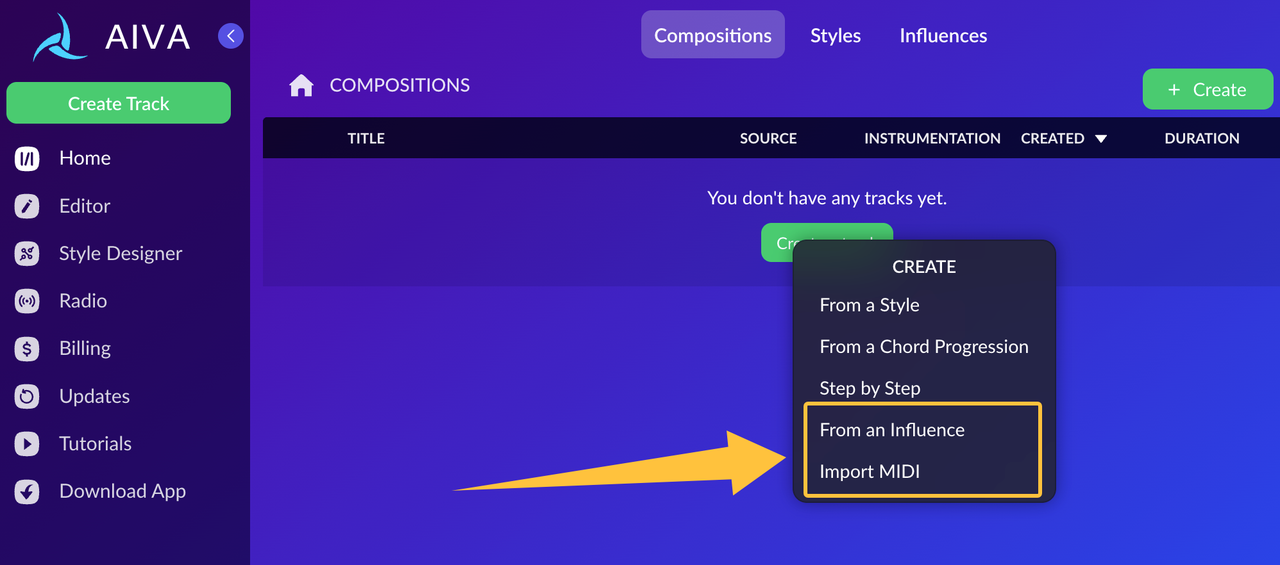Start composing with the AIVA AI music generator by choosing to create from a style, chord progression, or MIDI file.