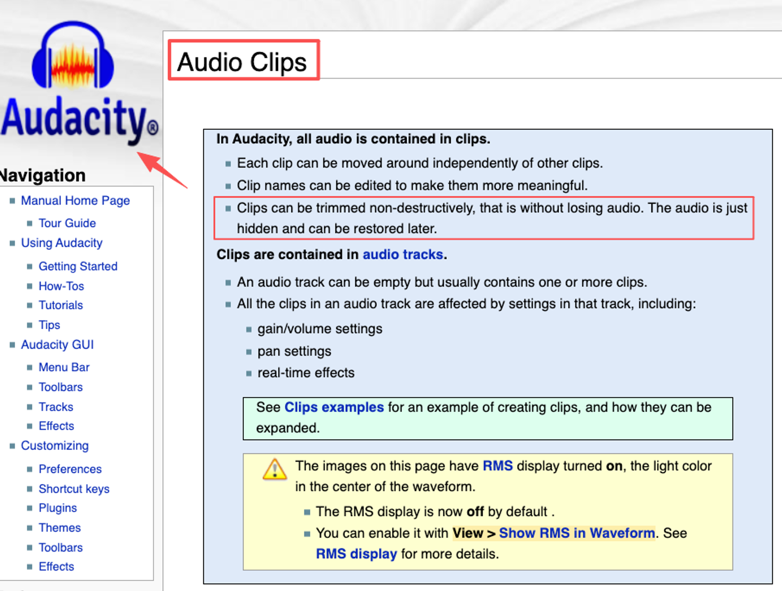Audacity software manual page explaining audio clips before you combine video with audio.