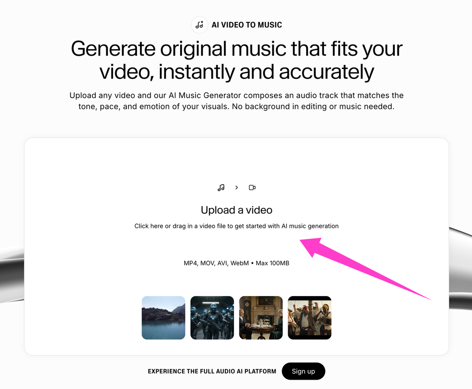 Interface for ElevenLabs for video music generation, showing text "AI Video to Music" and upload video option.