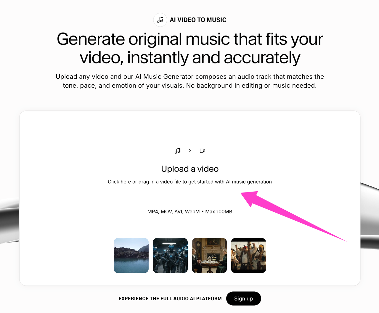 Interface for ElevenLabs for video music generation, showing text "AI Video to Music" and upload video option.