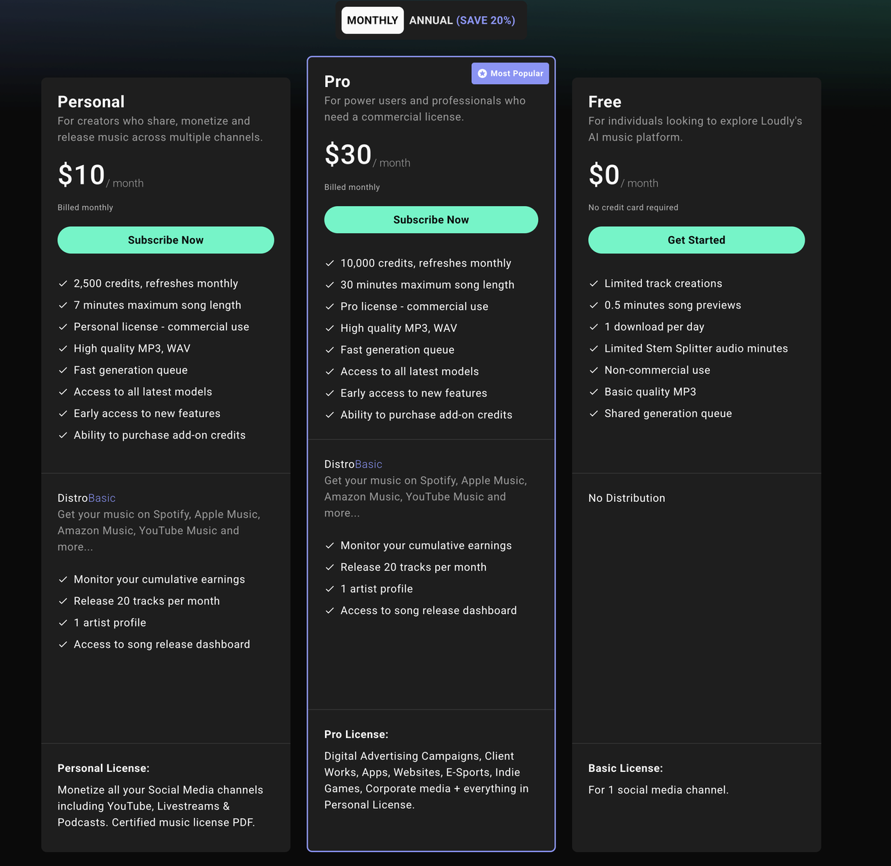 No loudly ai music generator review is complete without comparing the Free, Personal, and Pro pricing subscription plans.