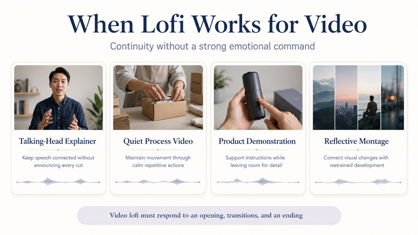 Four panel infographic showing video scenarios where background music from an AI lofi music generator works best.