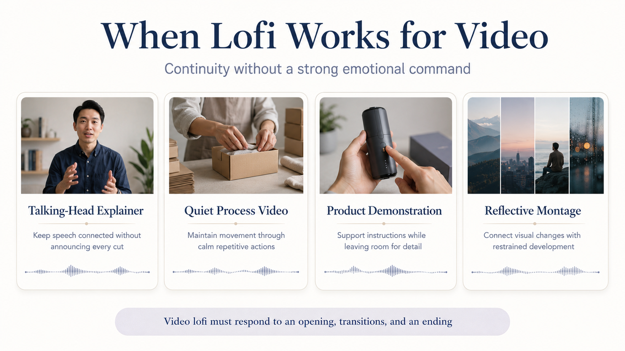 Four panel infographic showing video scenarios where background music from an AI lofi music generator works best.