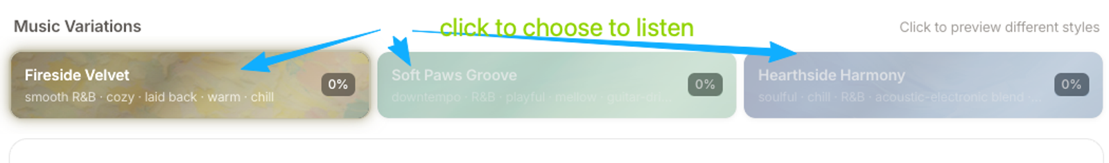 Click and preview different AI-generated music styles before you finally add music to video online to match vibes.
