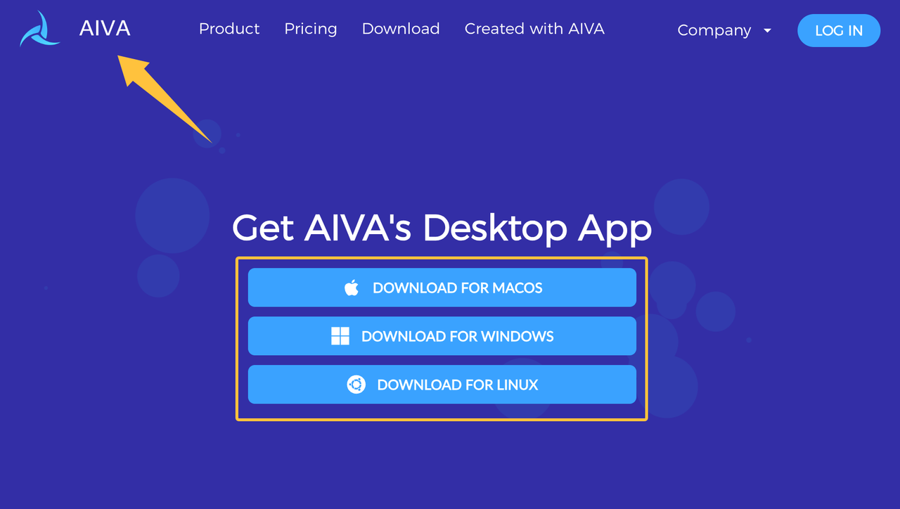 Easily download the AIVA AI music generator desktop application for macOS, Windows, and Linux operating systems.