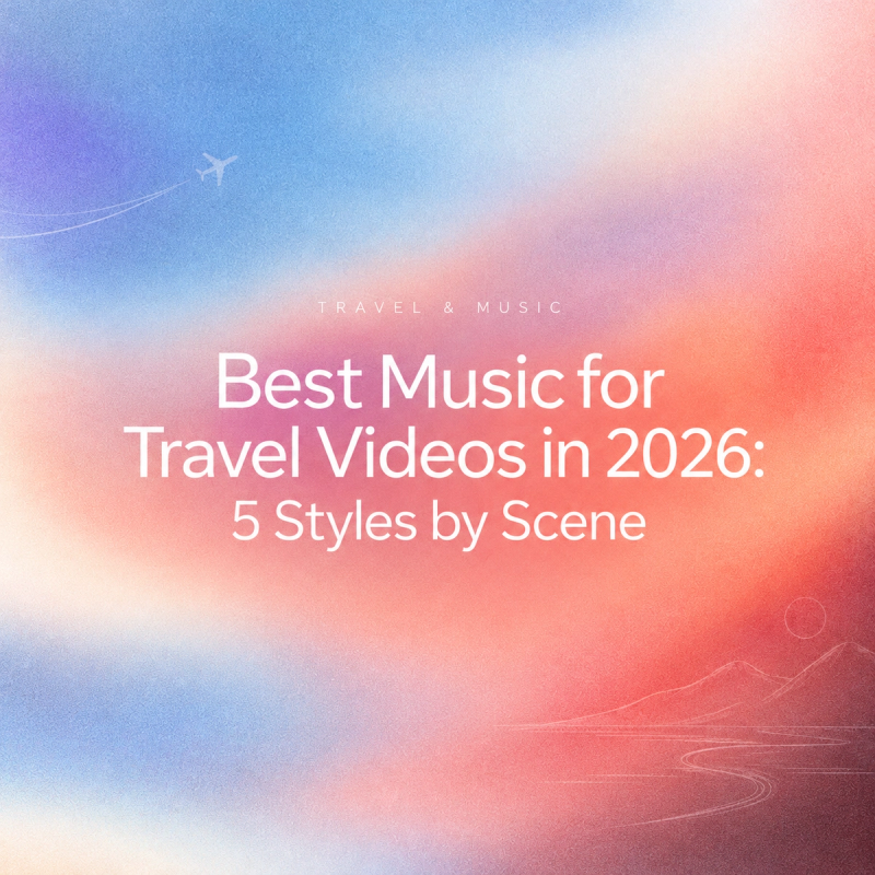 Title card showing the five best styles of music for travel videos to match different scenes perfectly. 