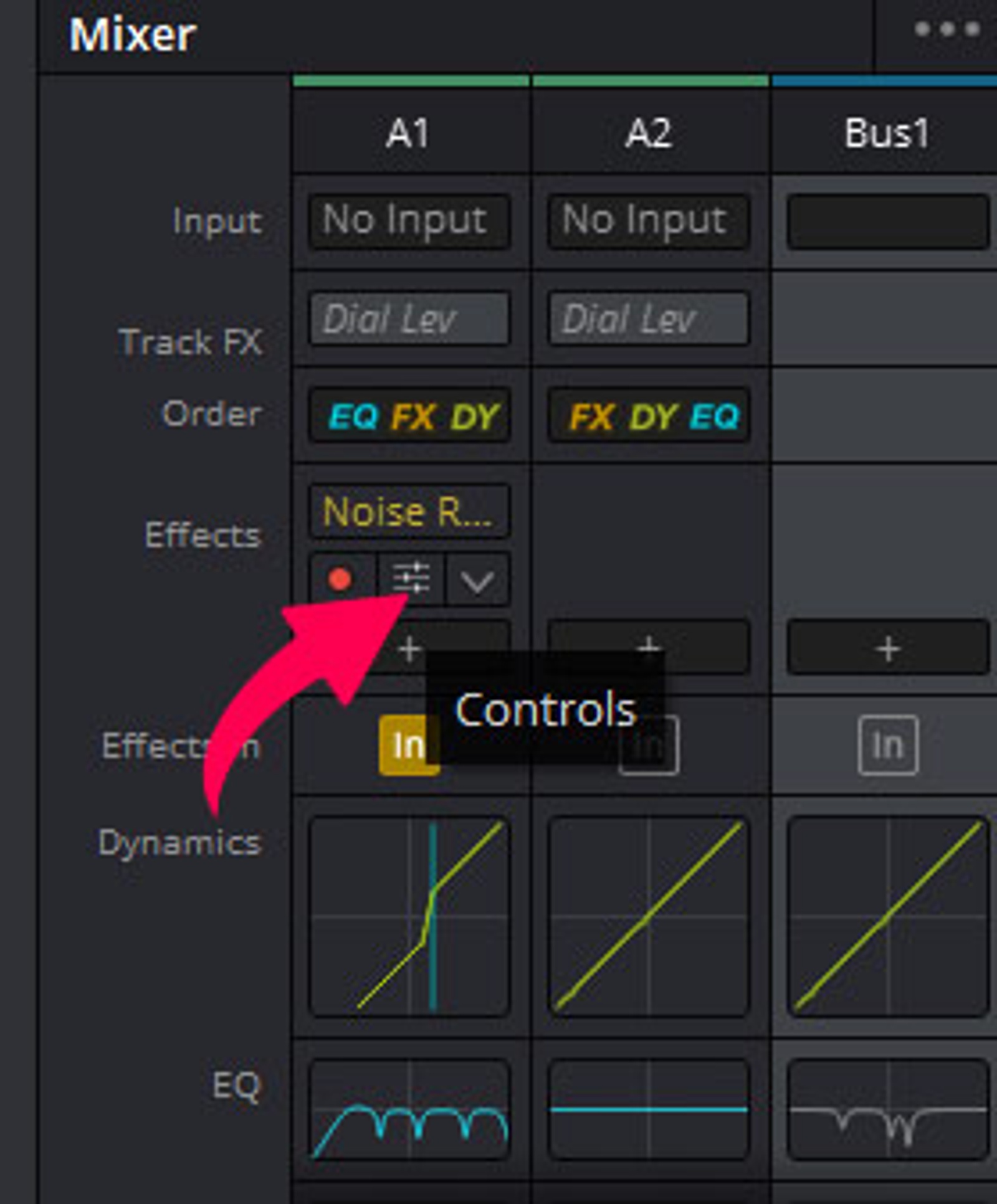 Close-up of the mixer in DaVinci Resolve with a red arrow pointing to noise reduction effect controls.