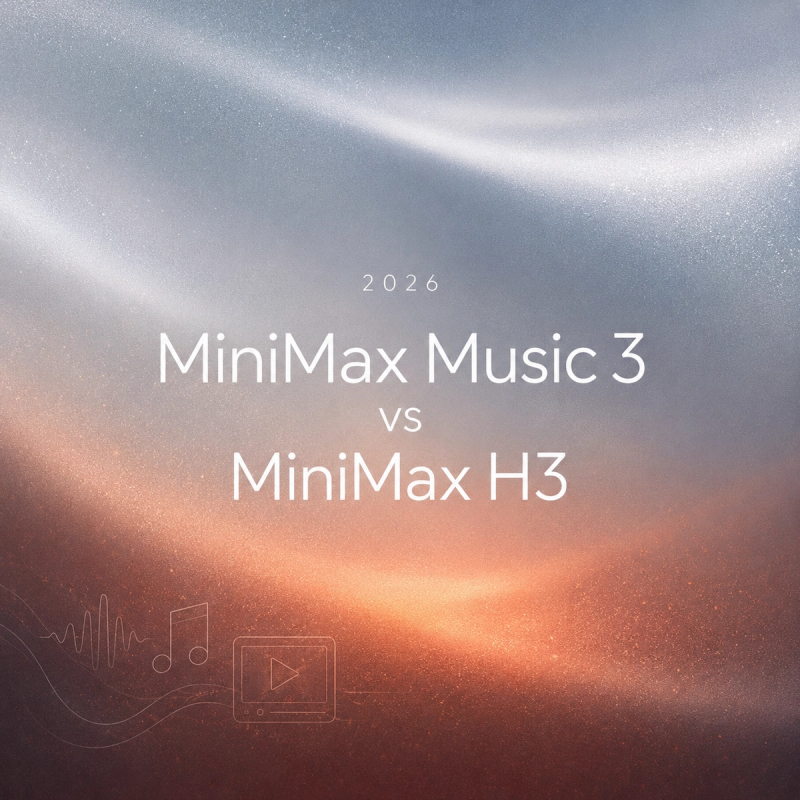 Slate-blue to warm bronze gradient cover graphic titled "2026 MiniMax Music 3 vs MiniMax H3" featuring minimalist line-art iconography of an audio waveform, musical note, and video player UI.