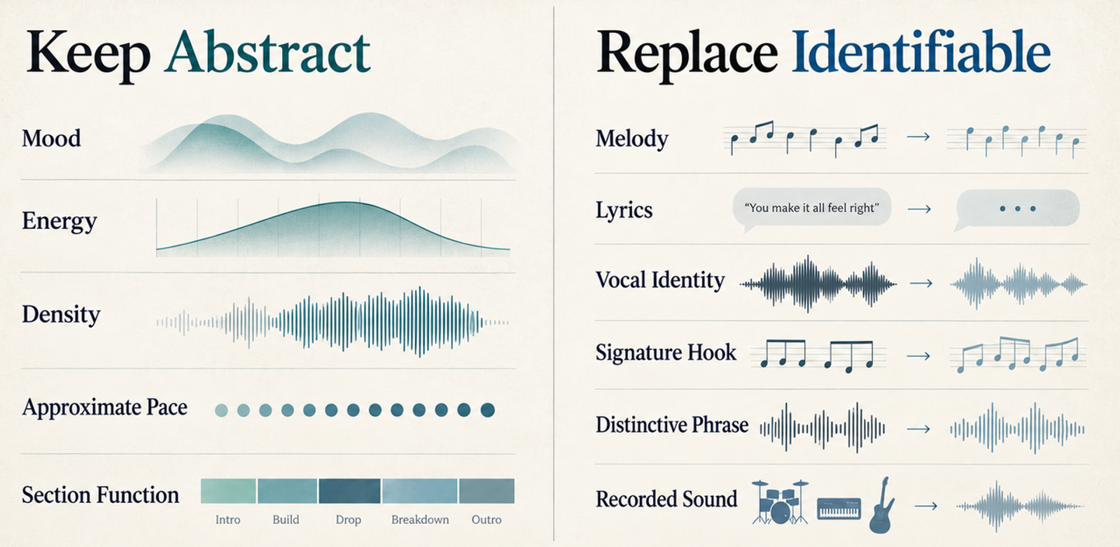 Infographic on which musical elements to change when having AI make a similar song.