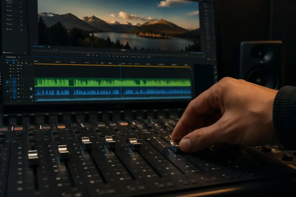 Hands adjusting an audio mixing board in front of a monitor, using a video soundtrack generator to perfect the final score.