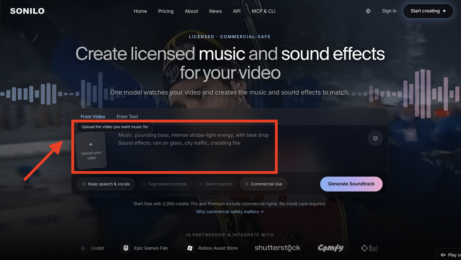 Sonilo website homepage demonstrating the "From Video" upload workflow, with a red arrow pointing to the drag-and-drop box for uploading video files to generate matching music and sound effects.