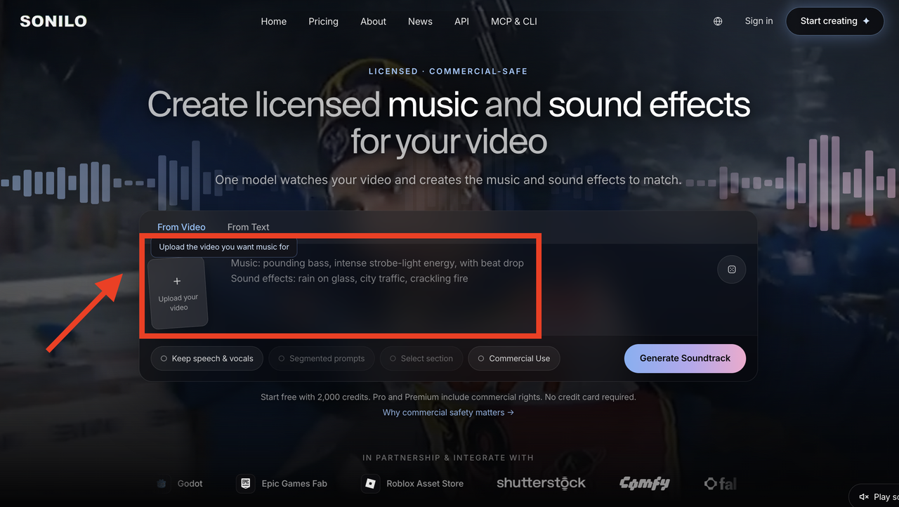 Sonilo website homepage demonstrating the "From Video" upload workflow, with a red arrow pointing to the drag-and-drop box for uploading video files to generate matching music and sound effects.