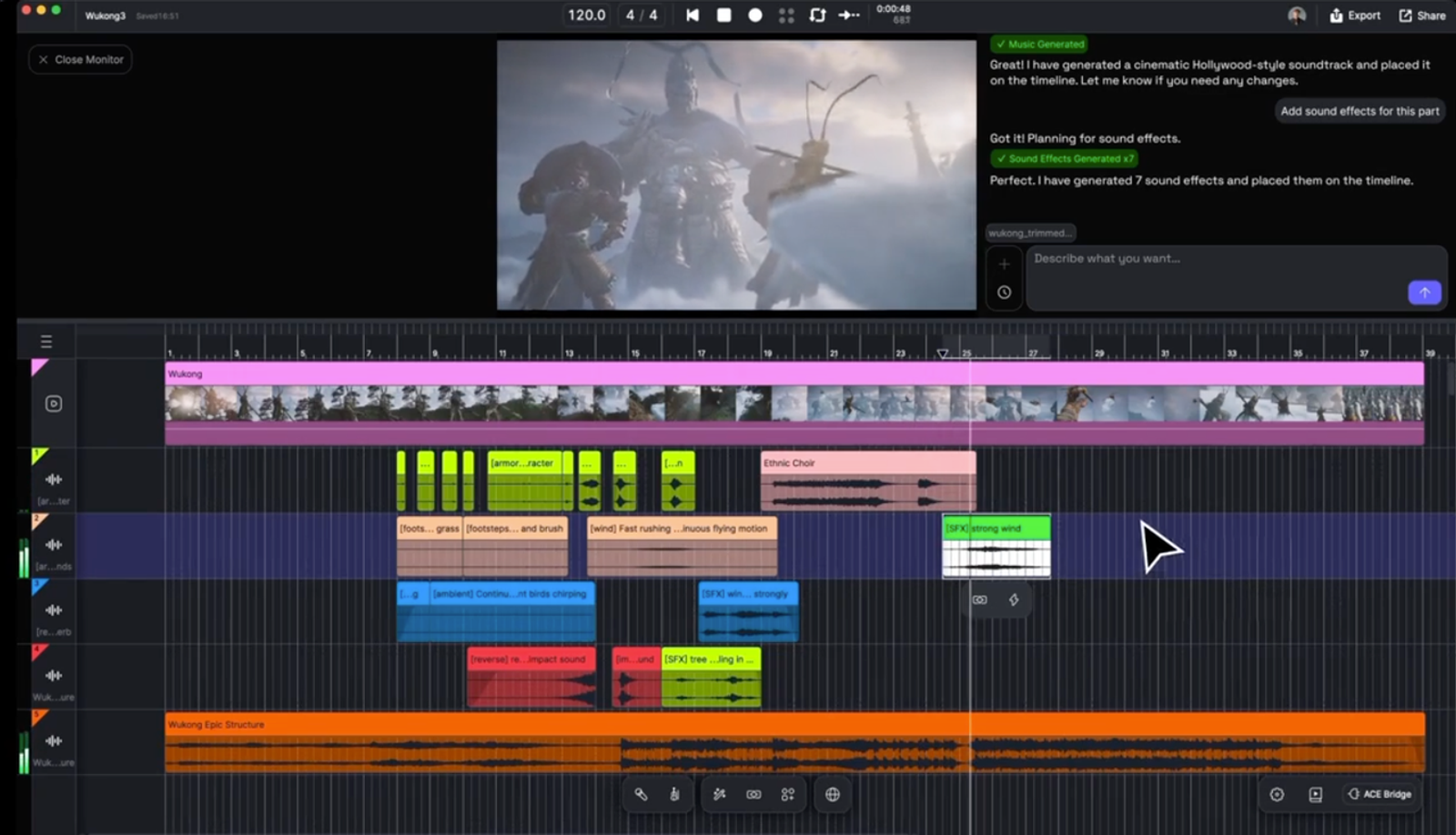 Cinematic video timeline editor showcased among the best ai music generation tools 2026.